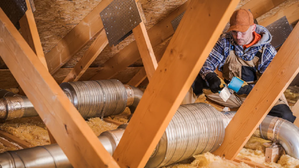 worker installing attic insulation to prevent moisture buildup