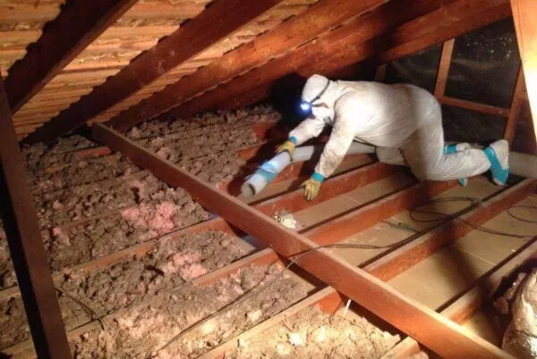 A man in safety gear is seen installing insulation in an attic during an attic cleaning restoration task.