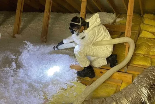 A man in white protective gear installs attic insulation for energy efficiency and comfort.