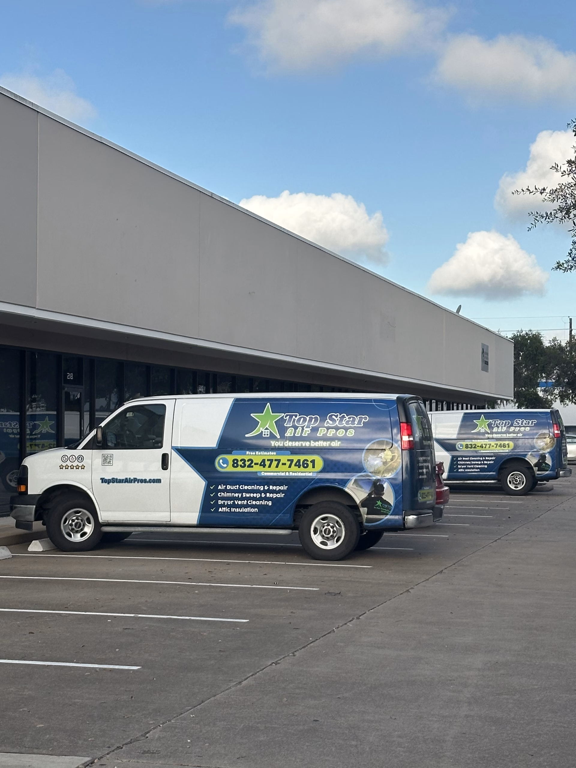 Top Star Air Pros service van parked outside company office in Houston TX